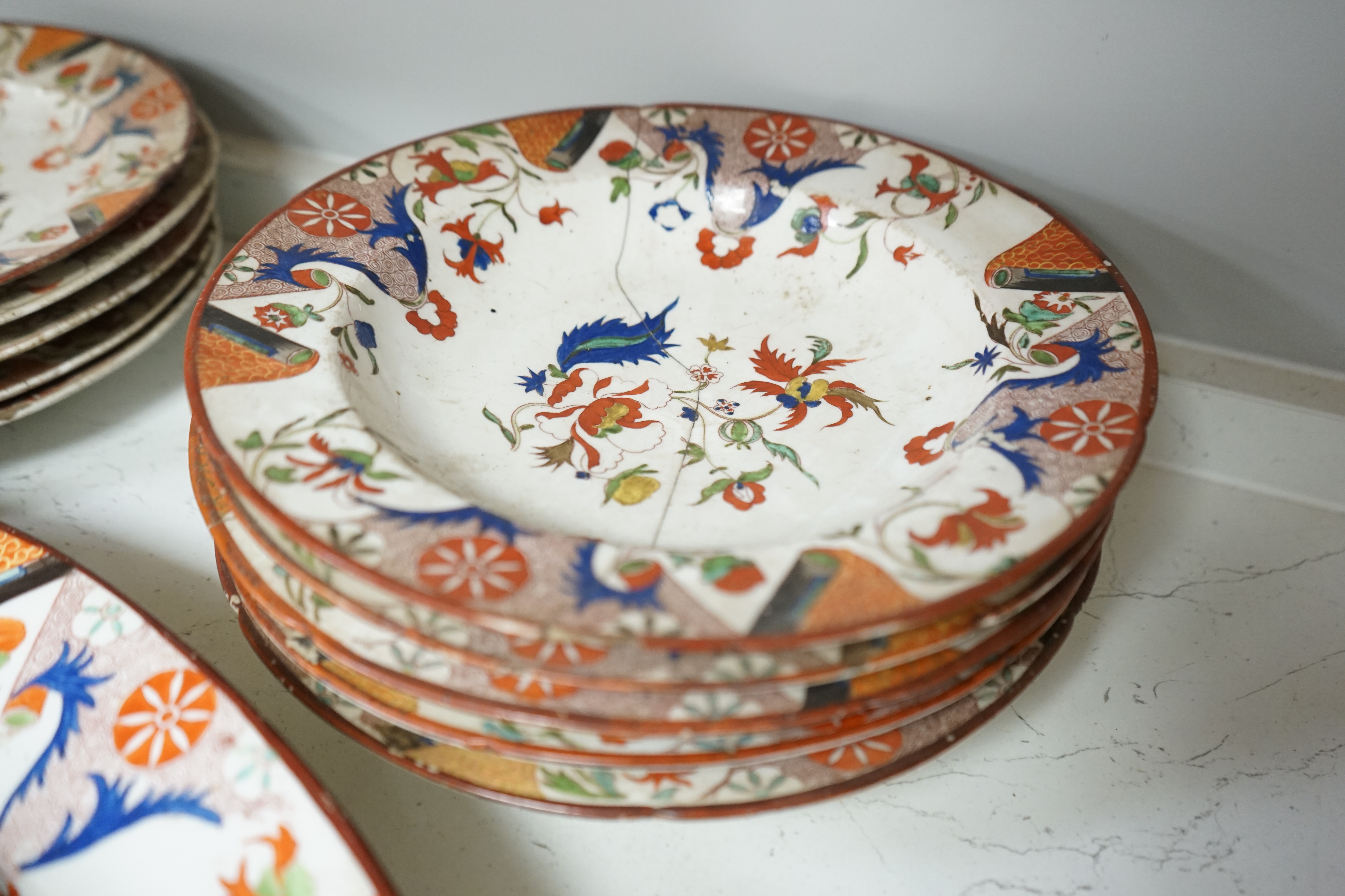 A Chinese export Imari pattern tureen and cover, Qianlong period, collection of Victorian plates and dishes together with an Imari pattern tureen and cover